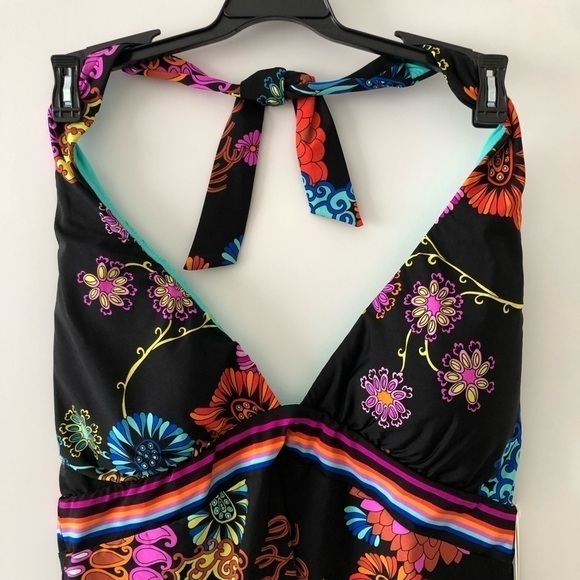 Trina Turk Floral Black Halter Tankini Swimsuit 12 - Picture 2 of 7